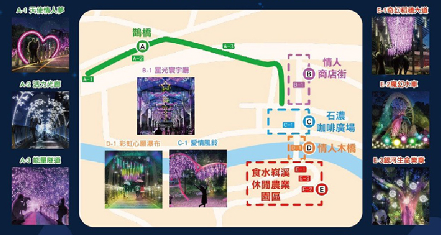 2020石岡食水嵙溪花漾藝術節燈會:迎接2020台灣燈會,台中石岡食水嵙溪花漾藝術節率先點燈,共有九大主題燈區以花漾水鄉.璀璨石岡為主軸, 展期時間相當長展期至明年2020年2月8日展期共有64天,展區位於食水嵙溪休閒農園、綠六廣場、東豐自行車道、情人木橋及鵲橋等景點, 藝術燈共有九大主題燈區,生態魔幻耶誕樹、天使情人夢、活力光廊、能量隧道、星光寰宇廳、彩虹心願瀑布、愛情風鈴、奇幻稻穗大道、 魔幻水車及銀河生命樂章等9大主題燈區。