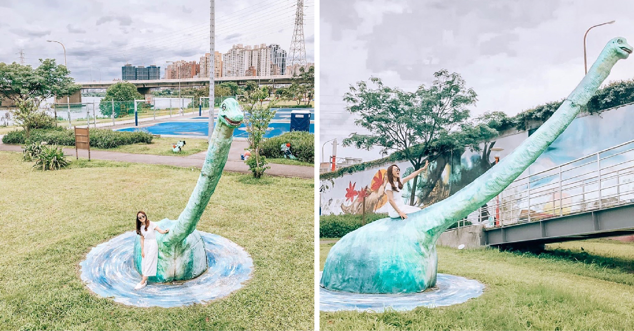 華中橋恐龍園區：恐龍迷注意！華中橋恐龍園區位於河濱自行車道旁的華中橋下，除了牆壁上有3D立體恐龍彩繪還有許多恐龍造型裝置藝術、 還有超可愛恐龍蛋，最特別的是還有吉普車，整個公園超像侏儸紀公園，恐龍公園為全國唯一河濱自行車道3D彩繪。