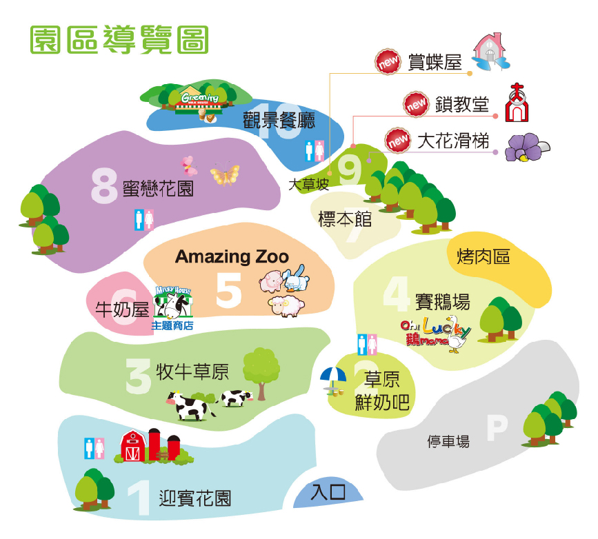 嘉義綠盈牧場:綠盈牧場位於嘉義中埔鄉為嘉義知名觀光牧場,這裡非常適合親子旅遊好去處,牧場以綠水盈然做為園區環境的目標, 並且堅持高品質的鮮奶來自健康的奶牛與衛生的環境的原則,在園區裡可以看到許多可愛的乳牛,園區有多種DIY體驗, 像是餵小牛喝奶、擠ㄋㄟㄋㄟ體驗、還有全台唯一賽鵝場等你來體驗,園區還有超大牽牛花溜滑梯、美味餐點可以品嚐。